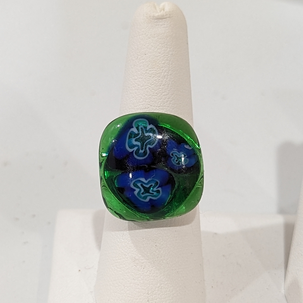 Artisan Handmade  glass abstract statement ring with fall colors.
